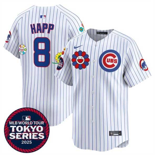 Mens Chicago Cubs #8 Ian Happ White 2025 Tokyo Series Limited Stitched Jersey Dzhi